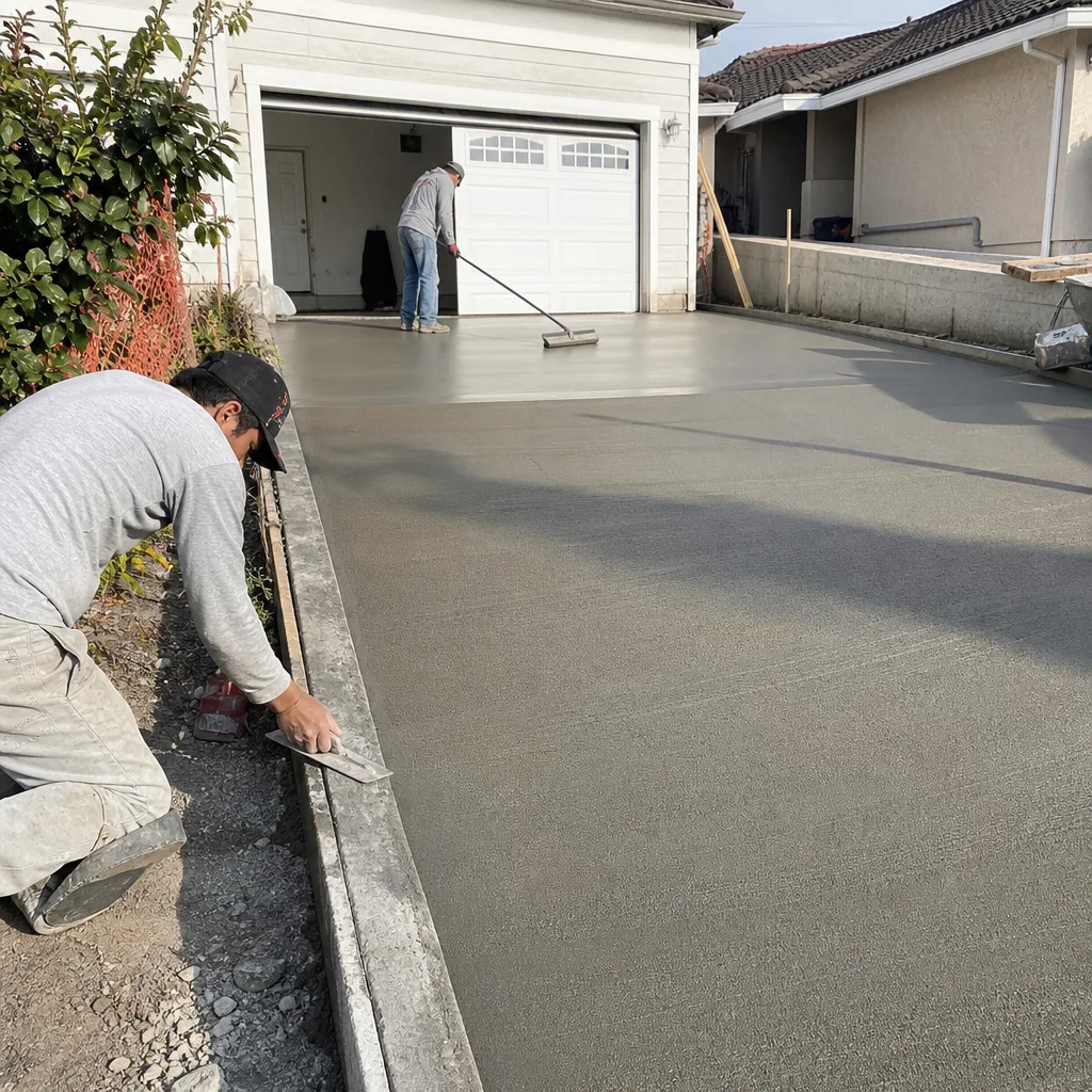 Workers smoothing and finishing a freshly poured concrete driveway in Los Angeles, CA