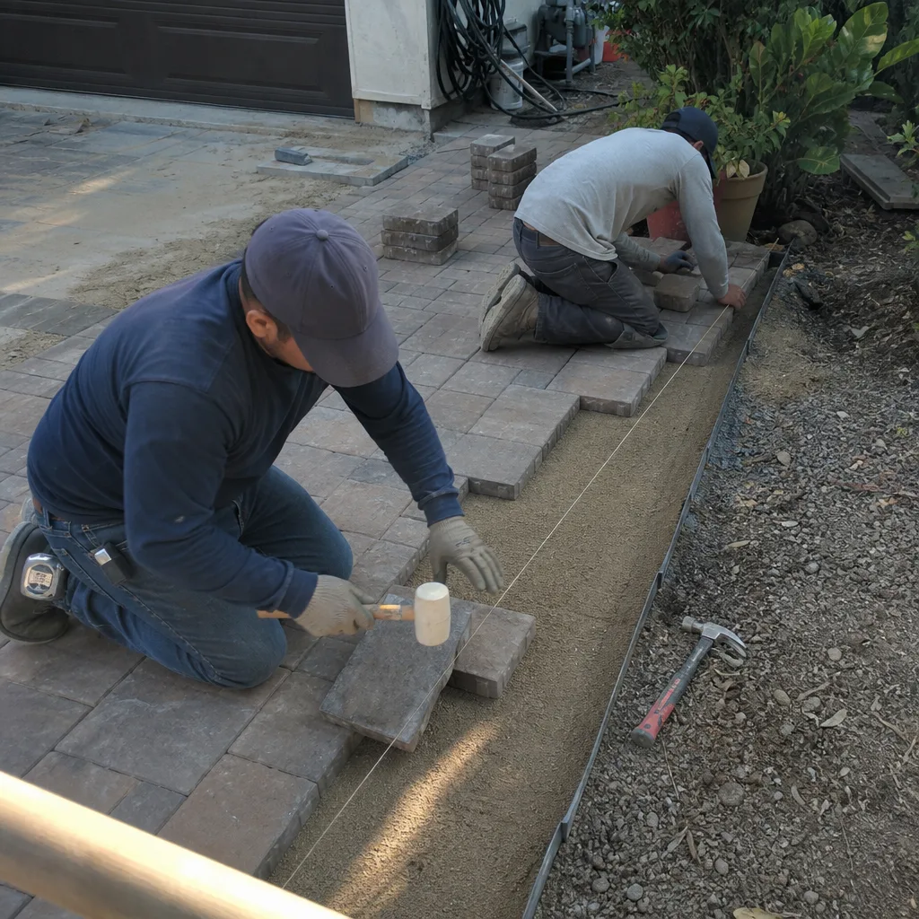 Two contractors laying stone pavers for a professional driveway installation in Los Angeles, CA