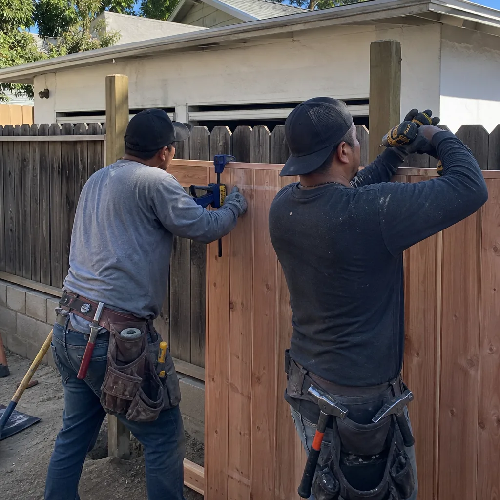 Two construction workers installing a wooden fence in Los Angeles, CA