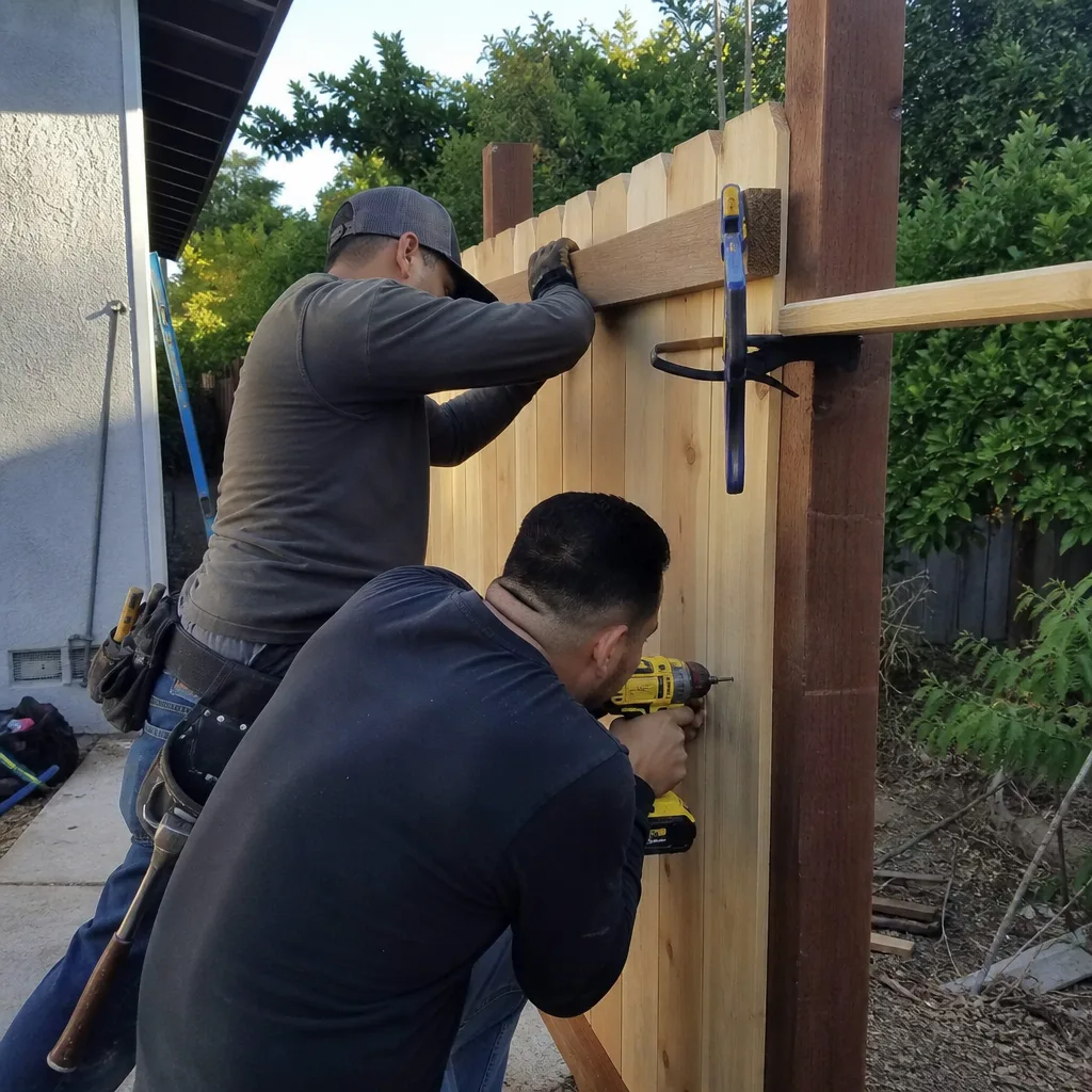 Two professional contractors installing a new wooden fence with a power drill in Los Angeles, CA