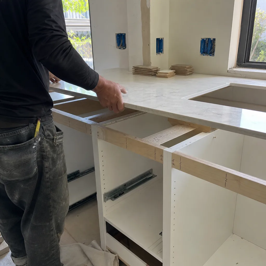 Contractor installing a stone countertop onto new kitchen cabinets