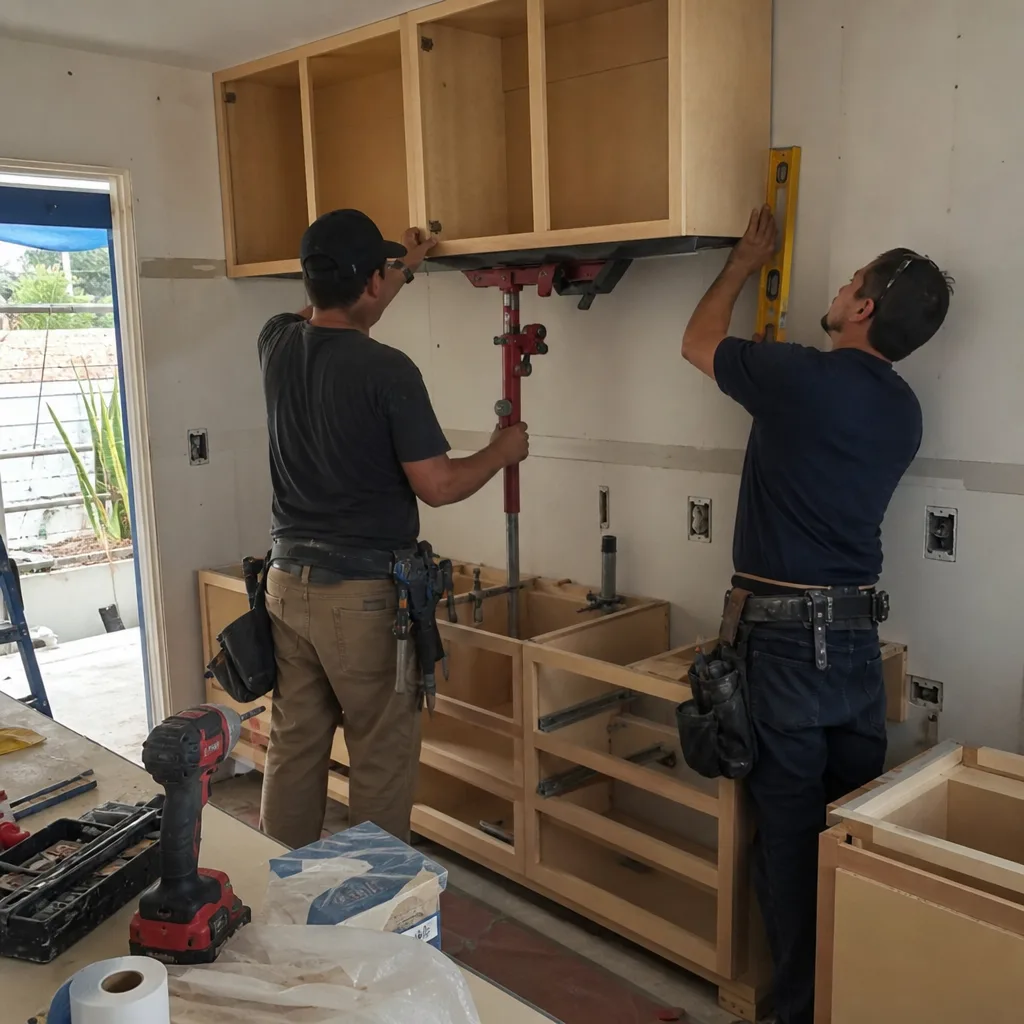 Two contractors installing wooden kitchen cabinets on a construction site