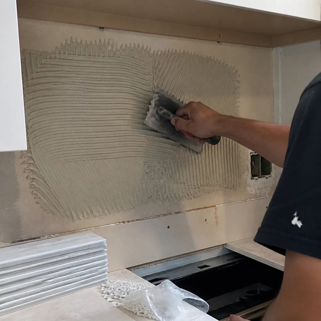 Contractor applying mortar with a notched trowel for kitchen tile installation