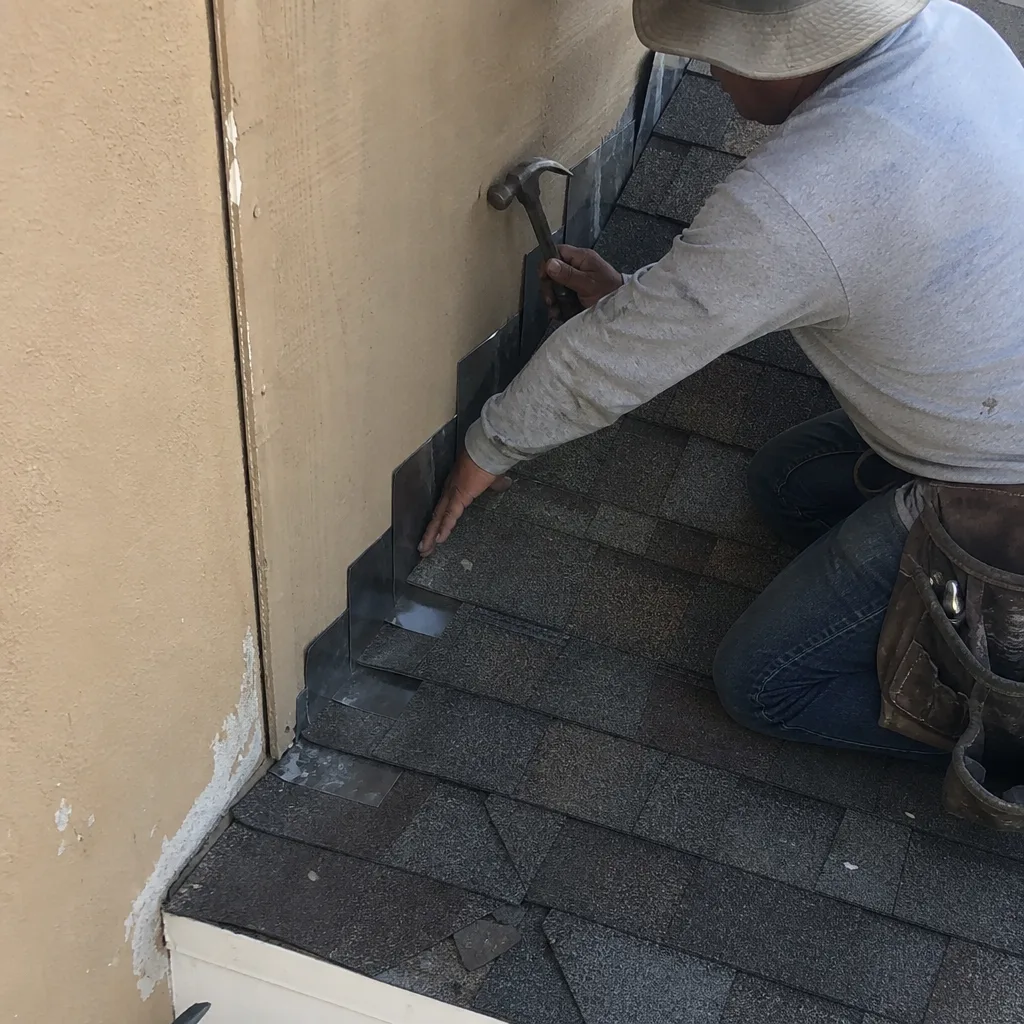 A professional roofer installing metal step flashing on a residential roof.