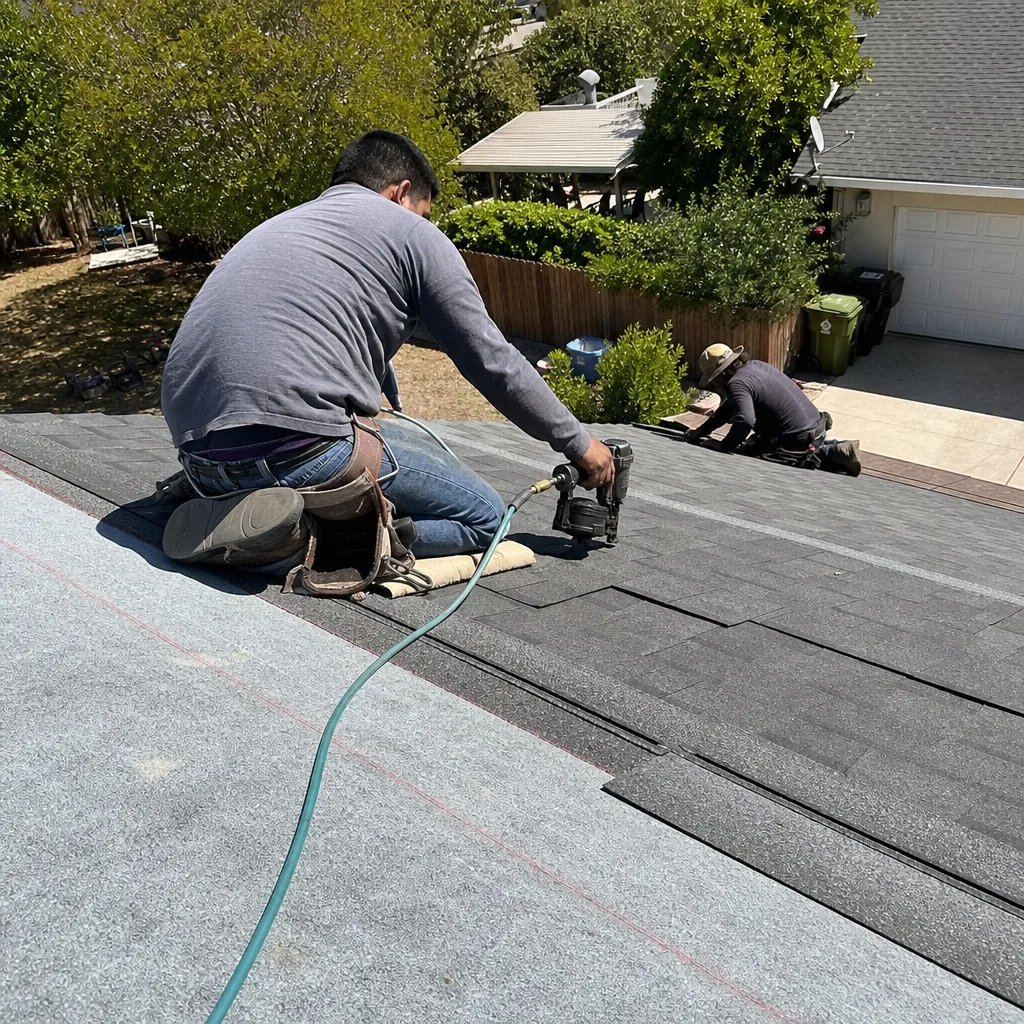 Two professional roofers installing asphalt shingles on a residential roof.