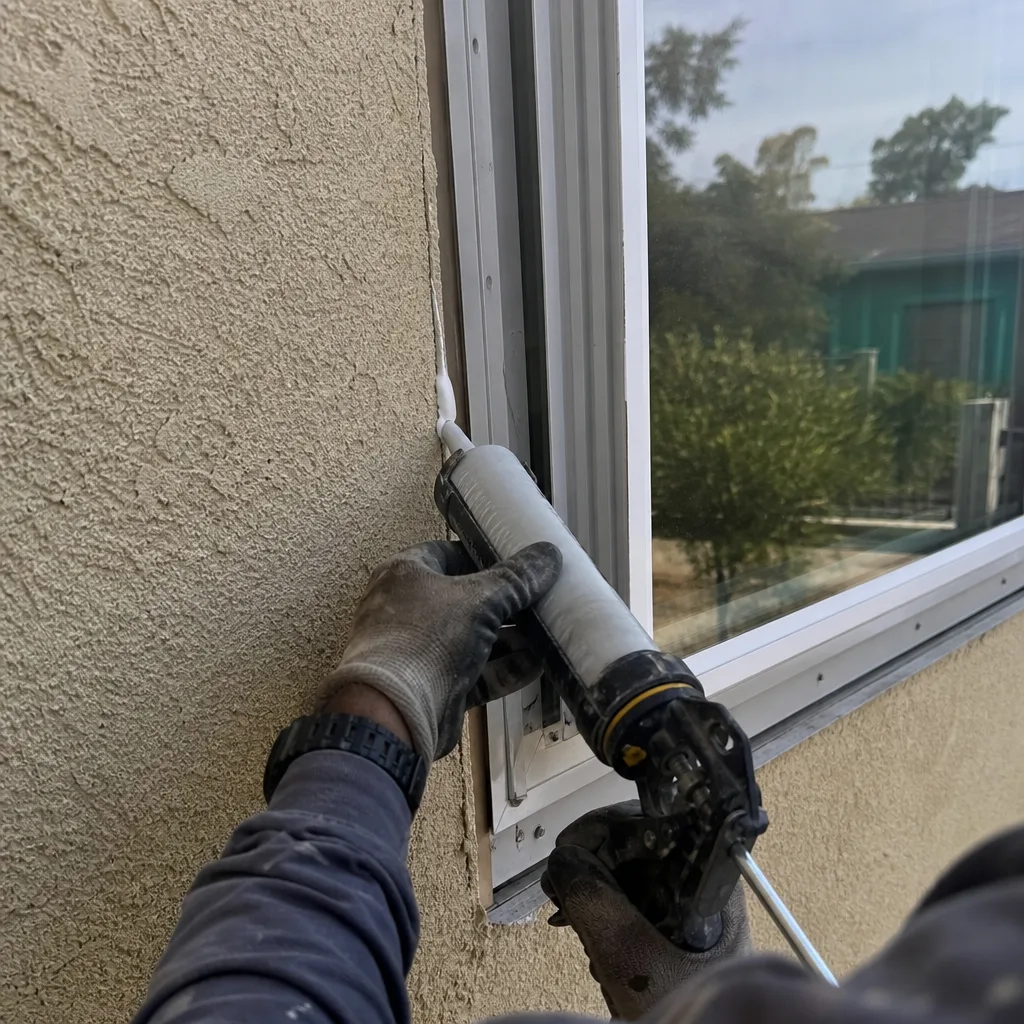 Professional applying caulk to window frame for weatherproofing and installation. in Los Angeles, CA