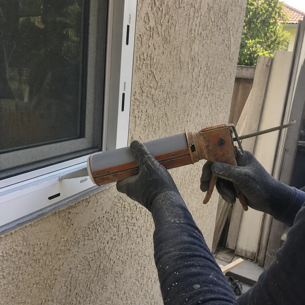 Contractor applying silicone sealant to exterior window frame for weatherproofing. in Los Angeles, CA